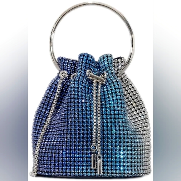 Blue Silver Full Rhinestone Diamante Bucket Handbag Rhinestone - Main Image